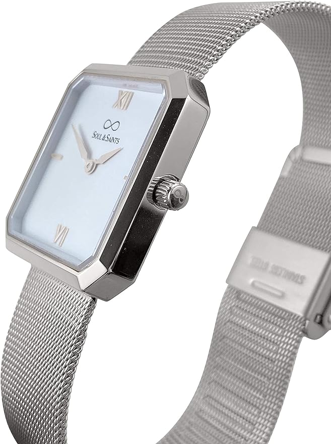 Premium Damenuhr Edelstahl elegante Armbanduhr quadratisch rechteckig Damen Uhr eckig mesh Armband Edelstahl Swiss Uhrwerk Saphire Glas kratzfest 3m 3ATM Wasserfest - Mary