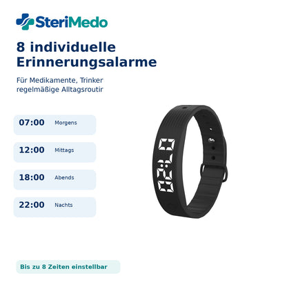 SteriMedo Medikamentenwecker mit Vibrationsalarm – Erinnerungsarmband mit 8 Alarmzeiten, wiederkehrendem Timer, LED-Display, Schrittzähler & USB-Akku – Tablettenerinnerung für Senioren & Alltag