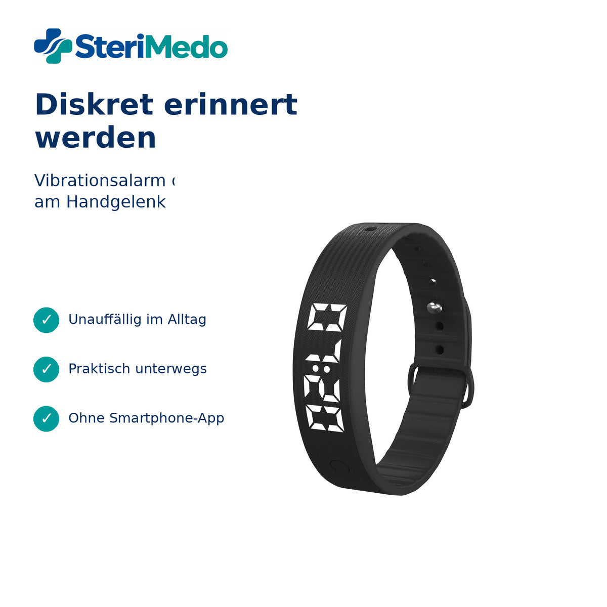 SteriMedo Medikamentenwecker mit Vibrationsalarm – Erinnerungsarmband mit 8 Alarmzeiten, wiederkehrendem Timer, LED-Display, Schrittzähler & USB-Akku – Tablettenerinnerung für Senioren & Alltag