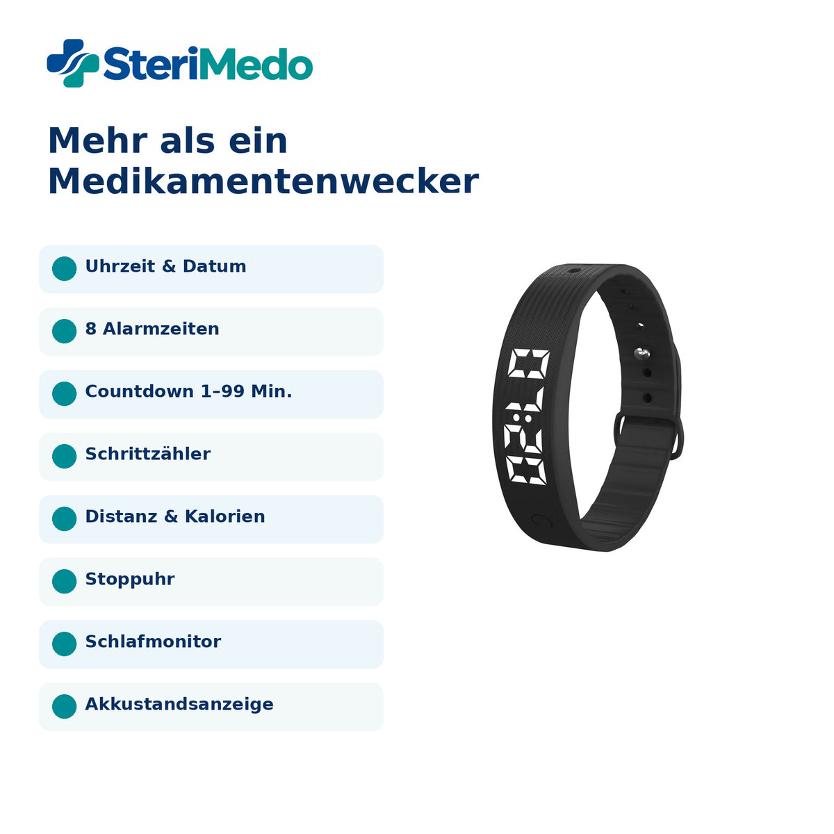 SteriMedo Medikamentenwecker mit Vibrationsalarm – Erinnerungsarmband mit 8 Alarmzeiten, wiederkehrendem Timer, LED-Display, Schrittzähler & USB-Akku – Tablettenerinnerung für Senioren & Alltag