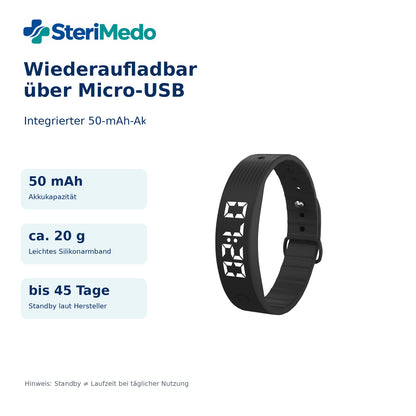 SteriMedo Medikamentenwecker mit Vibrationsalarm – Erinnerungsarmband mit 8 Alarmzeiten, wiederkehrendem Timer, LED-Display, Schrittzähler & USB-Akku – Tablettenerinnerung für Senioren & Alltag