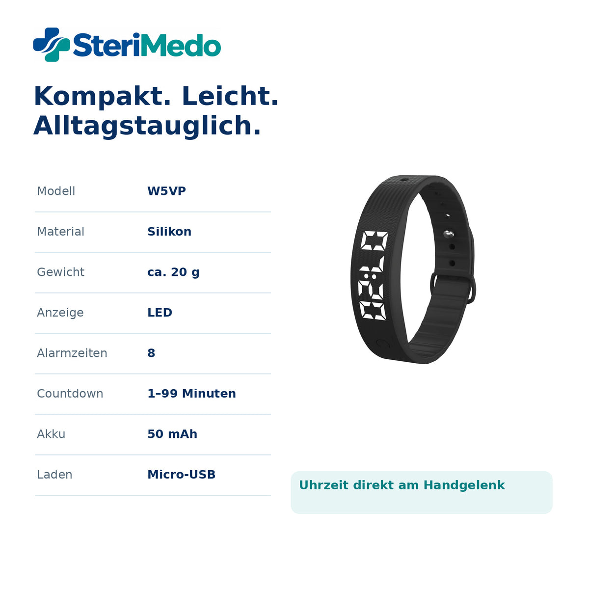SteriMedo Medikamentenwecker mit Vibrationsalarm – Erinnerungsarmband mit 8 Alarmzeiten, wiederkehrendem Timer, LED-Display, Schrittzähler & USB-Akku – Tablettenerinnerung für Senioren & Alltag