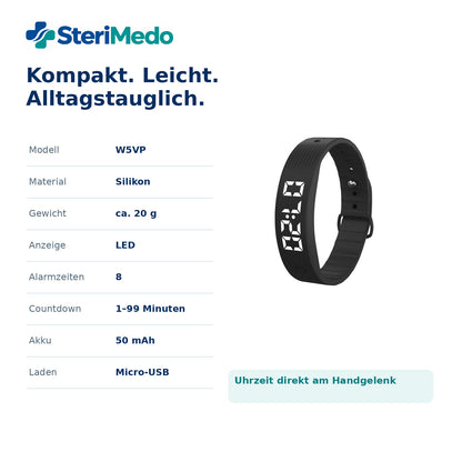SteriMedo Medikamentenwecker mit Vibrationsalarm – Erinnerungsarmband mit 8 Alarmzeiten, wiederkehrendem Timer, LED-Display, Schrittzähler & USB-Akku – Tablettenerinnerung für Senioren & Alltag