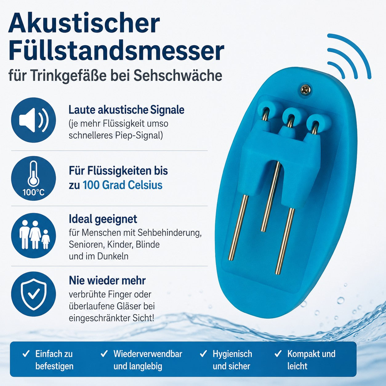 ALARM Getränke Füllstandsmelder akustisches Warnsignal Überlaufschutz für Blinde