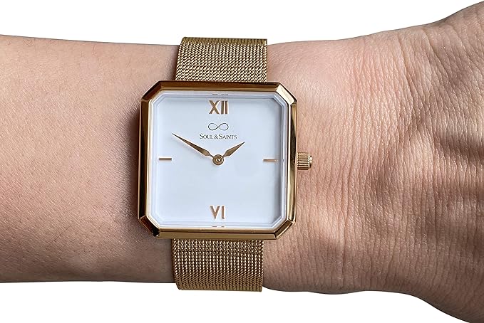 Premium Damenuhr Edelstahl elegante Armbanduhr quadratisch rechteckig Damen Uhr eckig mesh Armband Edelstahl Swiss Uhrwerk Saphire Glas kratzfest 3m 3ATM Wasserfest - Mary