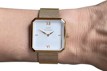 Premium Damenuhr Edelstahl elegante Armbanduhr quadratisch rechteckig Damen Uhr eckig mesh Armband Edelstahl Swiss Uhrwerk Saphire Glas kratzfest 3m 3ATM Wasserfest - Mary