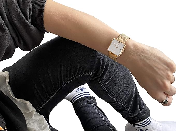 Premium Damenuhr Edelstahl elegante Armbanduhr quadratisch rechteckig Damen Uhr eckig mesh Armband Edelstahl Swiss Uhrwerk Saphire Glas kratzfest 3m 3ATM Wasserfest - Mary