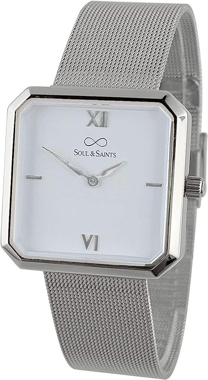 Premium Damenuhr Edelstahl elegante Armbanduhr quadratisch rechteckig Damen Uhr eckig mesh Armband Edelstahl Swiss Uhrwerk Saphire Glas kratzfest 3m 3ATM Wasserfest - Mary