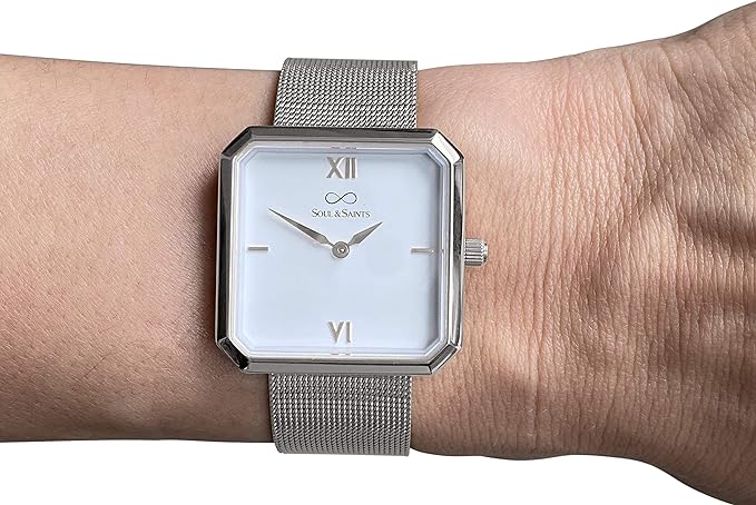 Premium Damenuhr Edelstahl elegante Armbanduhr quadratisch rechteckig Damen Uhr eckig mesh Armband Edelstahl Swiss Uhrwerk Saphire Glas kratzfest 3m 3ATM Wasserfest - Mary