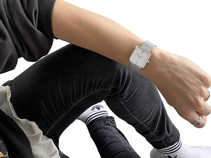 Premium Damenuhr Edelstahl elegante Armbanduhr quadratisch rechteckig Damen Uhr eckig mesh Armband Edelstahl Swiss Uhrwerk Saphire Glas kratzfest 3m 3ATM Wasserfest - Mary