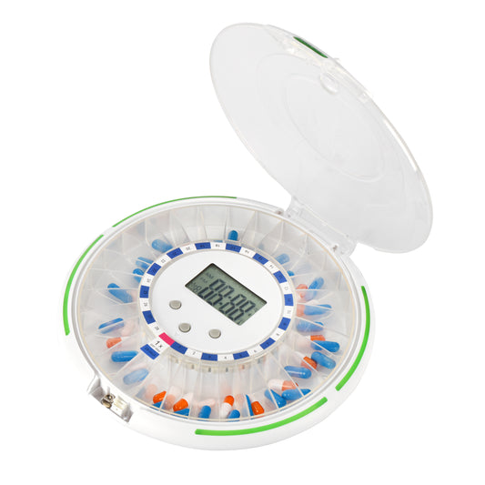 PROFI Pillenbox 6 Alarm XXL Pillendose Tablettenbox 6 Wecker 28 Fächer 23cm Tabletten Einnahme Erinnerung