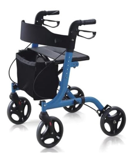 Rollex 400 Profi Rollator federleicht & stabil blau 136kg One Touch Bremse mit Sitz & Tasche, klappbar & höhenverstellbar