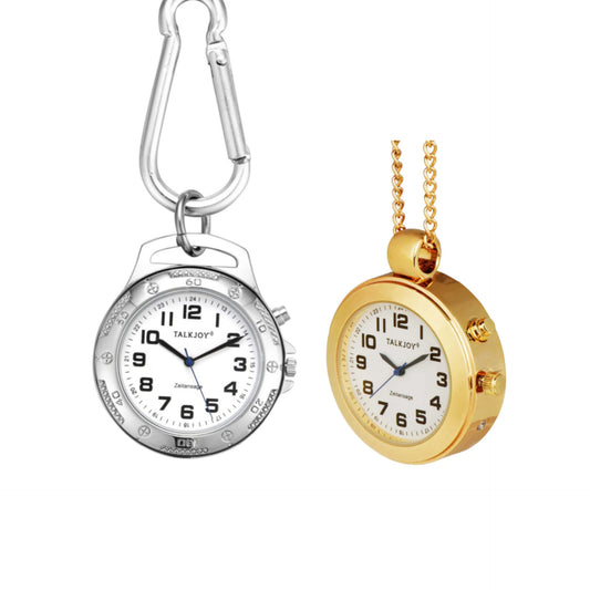 Sprechende Taschenuhr mit Halskette / Karabiner Uhr Anhänger UMHÄNGEUHR Seniorenuhr Blindenuhr